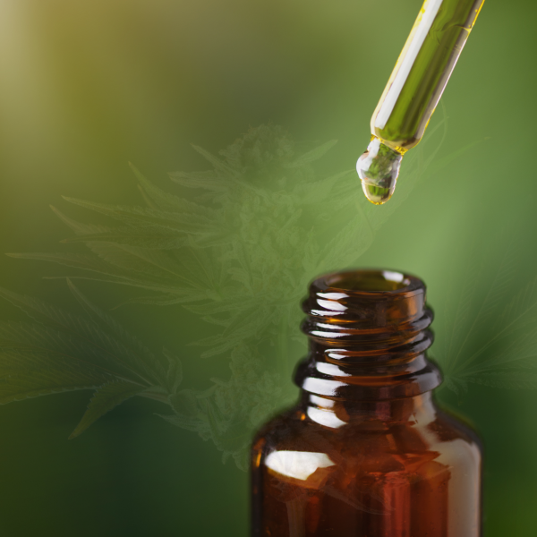Amber glass bottle with dropper containing cannabis oil, used in medicinal cannabis treatment.